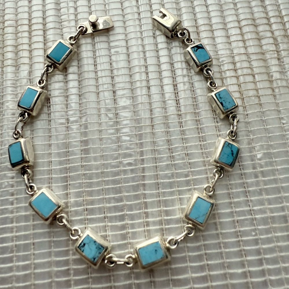 Authentic Taxco Sterling Silver & Turquoise Link Bracelet – 7.5” / 11g - Picture 1 of 8